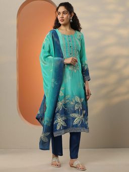 Libas - Embroidered Silk Crepe Straight Kurta Pant with Dupatta