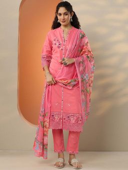 Libas - Embroidered Cotton Blend Straight Kurta Pant with Dupatta