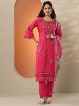 Libas - Embroidered Cotton Blend Straight Kurta Pant with Dupatta
