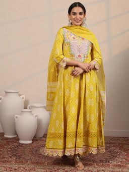 Libas - Embroidered Cotton Anarkali Kurta Pant with Dupatta