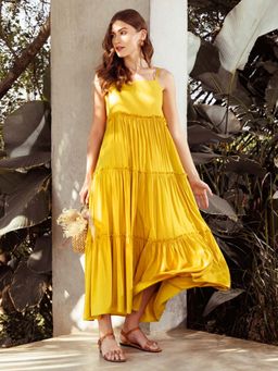 Zink London - Women's Mustard Solid Maxi Dress