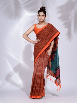 CHARUKRITI - Brown Pure Cotton Handwoven Saree with Stripe Design with Unstitched Blouse