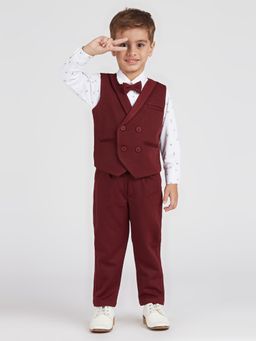 Kids Island - Maroon Solid Shirt, Pant and Waist Coat with Bow Tie (Set of 4)