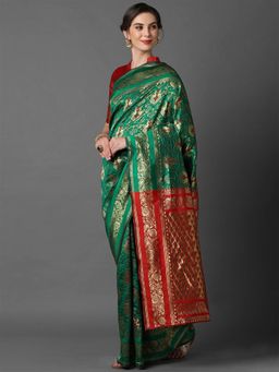 Odette - Green & Red Wedding Silk Blend Woven Design Saree with Unstitched Blouse