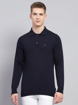 Monte Carlo - Mens Solid Navy Blue Collar Neck Full Sleeve T-Shirt