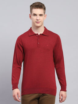 Monte Carlo - Mens Solid Wine Collar Neck Full Sleeve T-Shirt