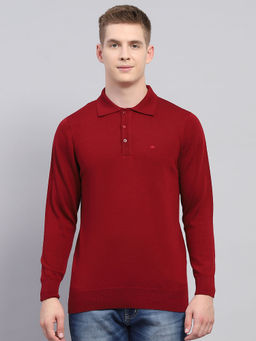 Monte Carlo - Mens Solid Maroon Collar Neck Full Sleeve T-Shirt