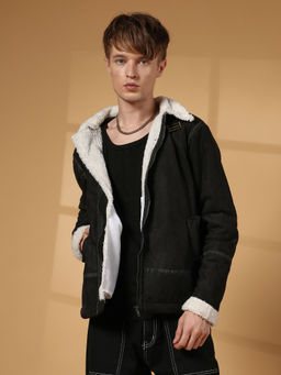 Campus Sutra - Men's Carbon Black and Chalk White Fleece Lined Biker Jacket