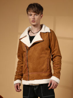 Campus Sutra - Men's Tawny Brown Contrast Fleece Suede Biker Jacket