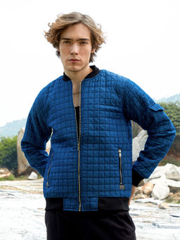 Campus Sutra - Men's Indigo Blue Cubic-Quilted Bomber Jacket