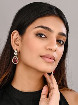 Anvik - Gold-Toned Teardrop Kundan Crystal Drop Earrings for Women Red