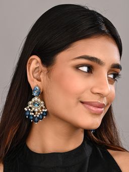 Anvik - Gold-Plated Blue Kundan Chandelier Earrings With Bead Drops