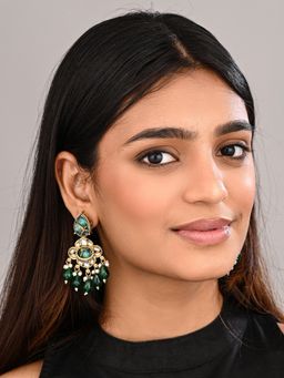Anvik - Gold-Plated Emerald Green Kundan Chandelier Earrings With Bead Drops