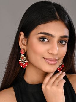 Anvik - Gold-Plated Red Kundan Chandelier Earrings With Bead Drops