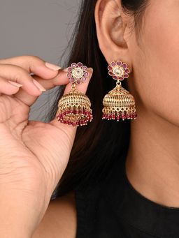 Anvik - Red Ruby Bloom Copper Jhumka Earrings