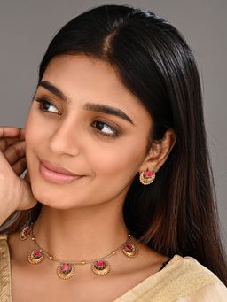 Anvik - Antique Gold-Tone Pink Lotus Necklace Set