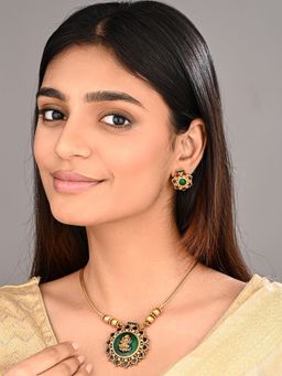 Anvik - Antique Gold Goddess Motif Temple Necklace Set Green