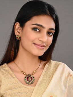 Anvik - Antique Gold Goddess Motif Temple Necklace Set Red