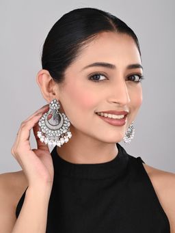 Anvik - White Silver Plated Chandbali With Pearl Drops