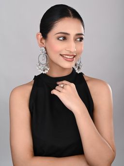 Anvik - White Oxidised Silver Floral Chandbali Earrings