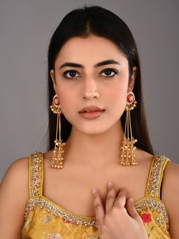 Anvik - Gold Plated Pink Stone Kashmiri Long Earring