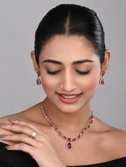 Anvik - Silver-Tone Ruby Red Teardrop Necklace Set