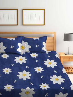 ARRABI - Blue Floral TC Cotton Blend King Fitted Bedsheet with 2 Pillow Covers