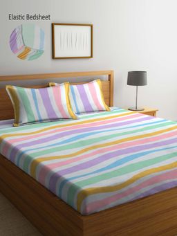 ARRABI - Multi Striped TC Cotton Blend King Fitted Bedsheet with 2 Pillow Covers