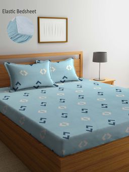 ARRABI - Blue Graphic TC Cotton Blend King Fitted Bedsheet with 2 Pillow Covers