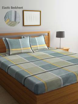 ARRABI - Green Geometric TC Cotton Blend King Fitted Bedsheet with 2 Pillow Covers
