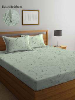 ARRABI - Green Leaf TC Cotton Blend Super King Fitted Bedsheet with 2 Pillow Covers