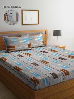 ARRABI - Multi Geometric TC Cotton Blend King Fitted Bedsheet with 2 Pillow Covers