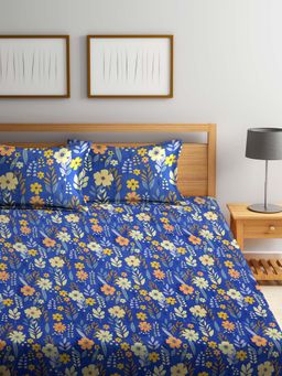 ARRABI - Blue Floral TC Cotton Blend Supert King Fitted Bedsheet with 2 Pillow Covers