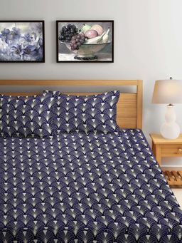ARRABI - Blue Abstract TC Cotton Blend Supert King Fitted Bedsheet with 2 Pillow Covers