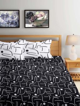 ARRABI - Black Abstract TC Cotton Blend Supert King Fitted Bedsheet with 2 Pillow Covers