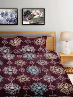 ARRABI - Violet Floral TC Cotton Blend King Fitted Bedsheet with 2 Pillow Covers