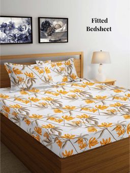 ARRABI - Multi Leaf TC Cotton Blend King Fitted Bedsheet with 2 Pillow Covers