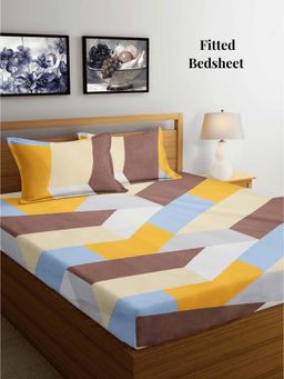 ARRABI - Multi Geometric TC Cotton Blend King Fitted Bedsheet with 2 Pillow Covers