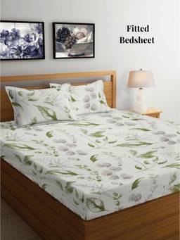 ARRABI - Cream Leaf TC Cotton Blend King Fitted Bedsheet with 2 Pillow Covers