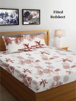ARRABI - Cream Leaf TC Cotton Blend King Fitted Bedsheet with 2 Pillow Covers