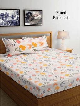 ARRABI - Cream Floral TC Cotton Blend King Fitted Bedsheet with 2 Pillow Covers