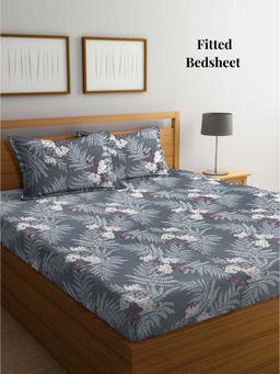 ARRABI - Grey Floral TC Cotton Blend Supert King Fitted Bedsheet with 2 Pillow Covers