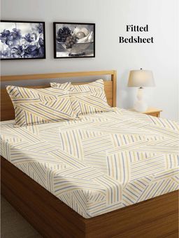 ARRABI - Beige Strpes TC Cotton Blend King Fitted Bedsheet with 2 Pillow Covers