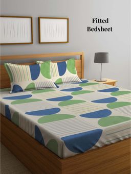 ARRABI - Multi Geometric TC Cotton Blend King Fitted Bedsheet with 2 Pillow Covers