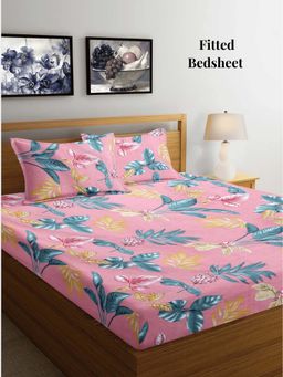 ARRABI - Pink Leaf TC Cotton Blend King Fitted Bedsheet with 2 Pillow Covers