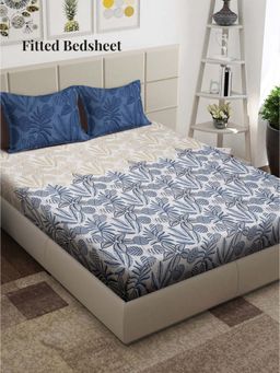 ARRABI - White Floral TC Cotton Blend Super King Fitted Bedsheet with 2 Pillow Covers