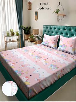 ARRABI - Pink Cartoon 310 TC Cotton Blend King Fitted Bedsheet with 2 Pillow Covers