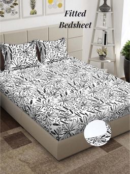 ARRABI - White Floral 310 TC Cotton Blend Super King Fitted Bedsheet with 2 Pillow Covers