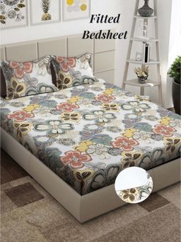 ARRABI - Multi Floral 310 TC Cotton Blend Super King Fitted Bedsheet with 2 Pillow Covers