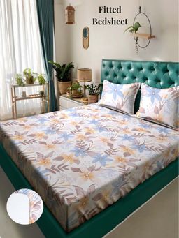 ARRABI - Multi Floral 310 TC Cotton Blend Super King Fitted Bedsheet with 2 Pillow Covers